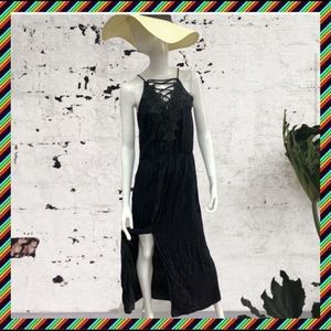 NWT, Elan Black Maxi Dress w/Centered Split Leg and Crocheted Laced Top - Small